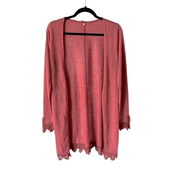 Free People Crochet Lace Trim Button Front Cardigan Sweater Boho Linen M Pink - Picture 2 of 9
